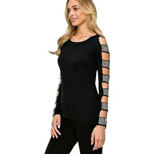 Lois B New York Cut Out Ladder Sleeve Iridescent Rhinestone Detail Black Top 1X